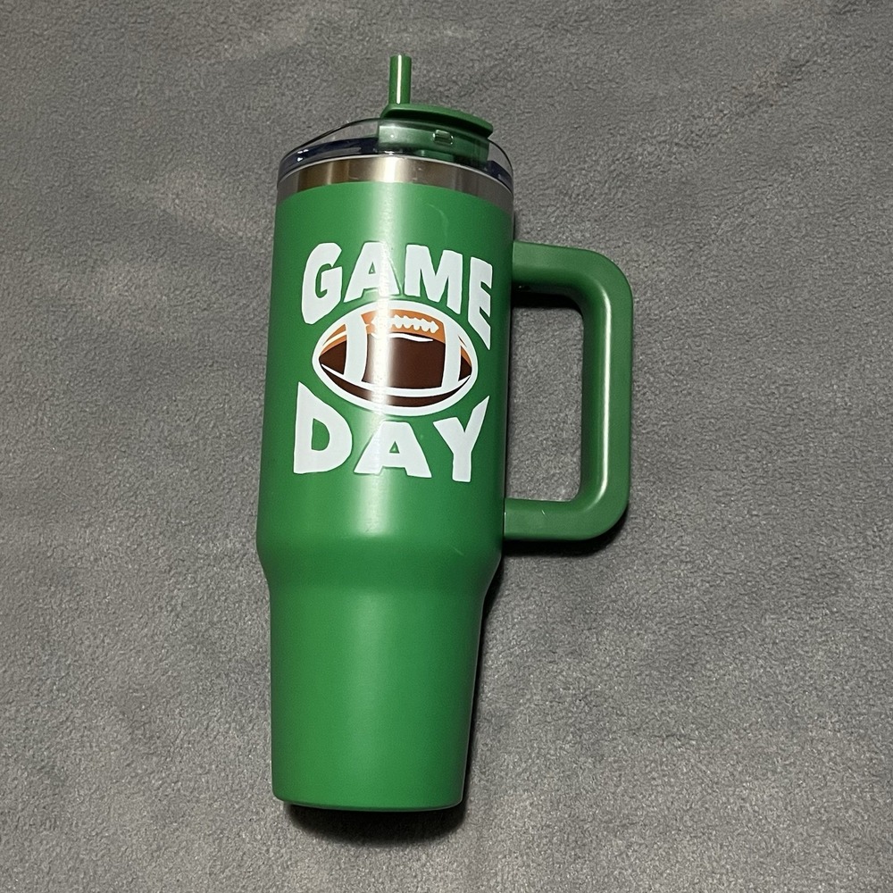 40oz stainless steel Green "Game Day" Football tumbler with Handle Lid & Straw